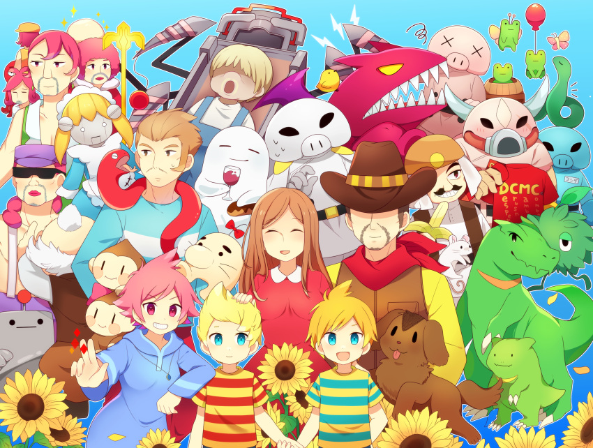 0mzum1 6+boys 6+girls aeolia_(mother_3) blonde_hair blue_eyes boney brown_hair canine claus_(mother_3) doria_(mother_3) doseisan duster_(mother) everyone flint_(mother_3) flower highres hinawa ionia_(mother_3) kumatora lucas_(mother_3) monkey mother_(game) mother_3 multiple_boys multiple_girls pigmask pink_eyes pink_hair porky_minch rope_snake salsa_(mother) sunflower yokuba