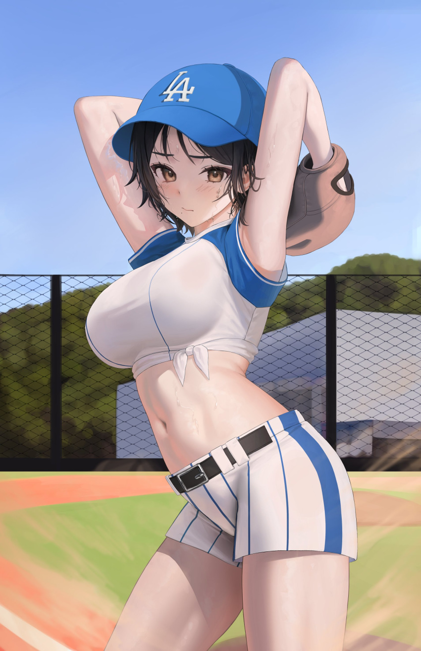 absurdres armpits arms_up bare_arms baseball_cap baseball_mitt belt black_hair blue_hat breasts brown_eyes closed_mouth contrapposto cowboy_shot crop_top day female front-tie_top frown hat highres large_breasts looking_at_viewer los_angeles_dodgers major_league_baseball midriff mole mole_under_mouth myabit navel original outdoors shirt short_hair short_shorts shorts solo standing stomach sweat taut_clothes taut_shirt thighs white_shirt white_shorts