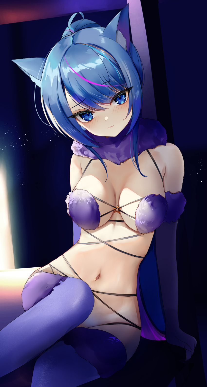 absurdres animal_ears blue_eyes blue_hair blush breasts cat_ears cleavage closed_mouth cosplay elbow_gloves fate/grand_order fate_(series) female fur-trimmed_gloves fur_collar fur_trim gloves hair_between_eyes hair_intakes highres indie_virtual_youtuber leaning_to_the_side long_hair looking_at_viewer mash_kyrielight mash_kyrielight_(dangerous_beast) mash_kyrielight_(dangerous_beast)_(cosplay) medium_breasts nana_asteria navel no_panties purple_gloves purple_thighhighs revealing_clothes rifufu solo thighhighs tsurime virtual_youtuber