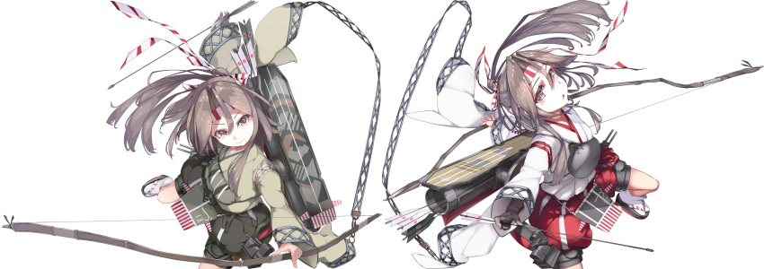 2girls absurdres apron arrow_(projectile) black_gloves bow_(weapon) brown_eyes camouflage dual_persona fei_(feikotake) flight_deck gloves grey_hair hachimaki hair_between_eyes hakama hakama_shorts headband high_ponytail highres holding holding_arrow holding_bow_(weapon) holding_weapon japanese_clothes kantai_collection light_brown_hair long_hair looking_at_viewer multiple_girls muneate okobo partially_fingerless_gloves ponytail puffy_shorts quiver red_shorts sandals shorts simple_background single_glove weapon white_background yugake yumi_(bow) zuihou_(kancolle) zuihou_kai_ni_(kancolle)