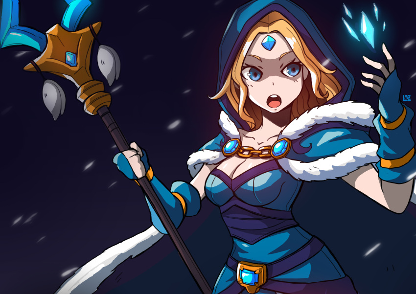 :o absurdres blonde_hair blue_dress blue_eyes blue_gloves breasts cape cleavage commentary crystal_maiden dota_(series) dota_2 dress female fingerless_gloves forehead_jewel fur-trimmed_cape fur_trim gloves highres holding holding_wand ice lataedelan magic medium_hair open_mouth snowing solo teeth wand