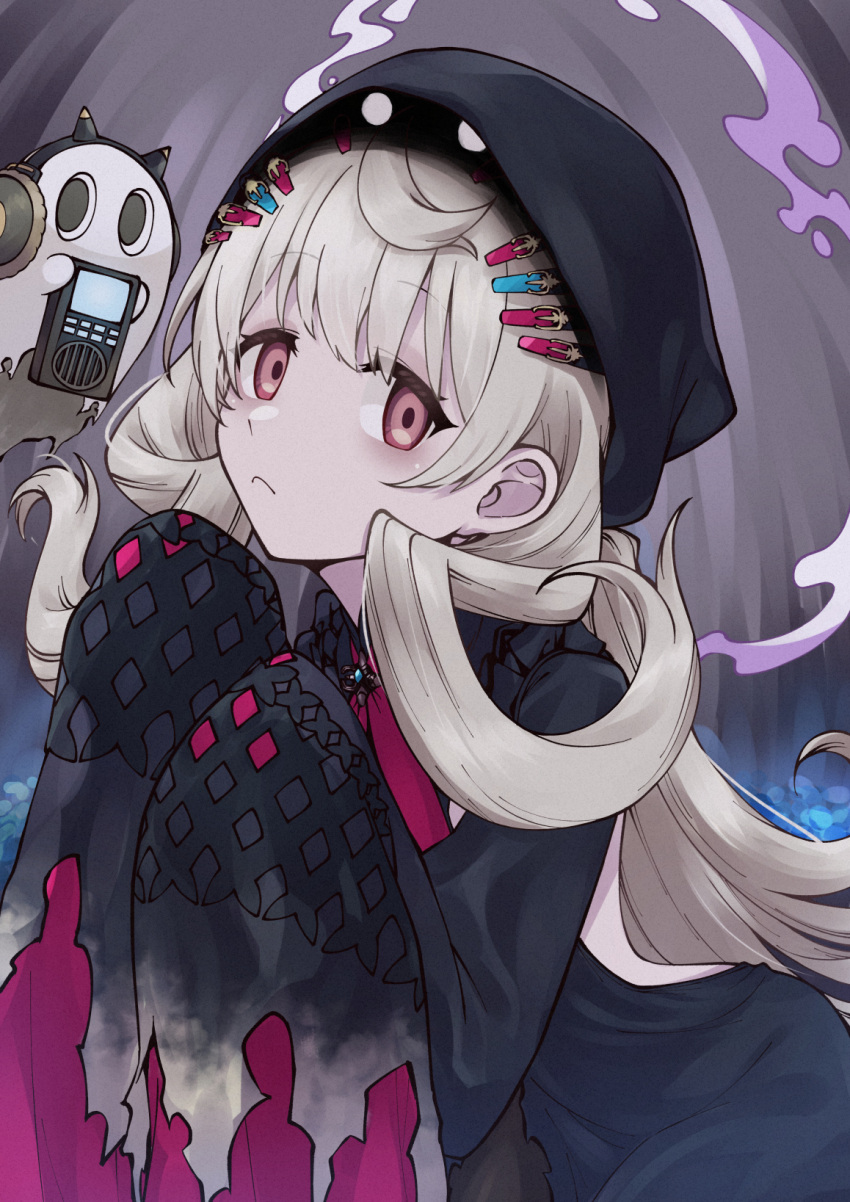 black_dress black_eyes black_headwear brown_eyes commentary dress female frown ghost hair_behind_ear headphones highres long_hair looking_at_viewer nijisanji nijisanji_en platinum_blonde_hair poppi_(reimu_endou) reimu_endou sleeves_past_wrists smoke solo sumiya_nadateru virtual_youtuber