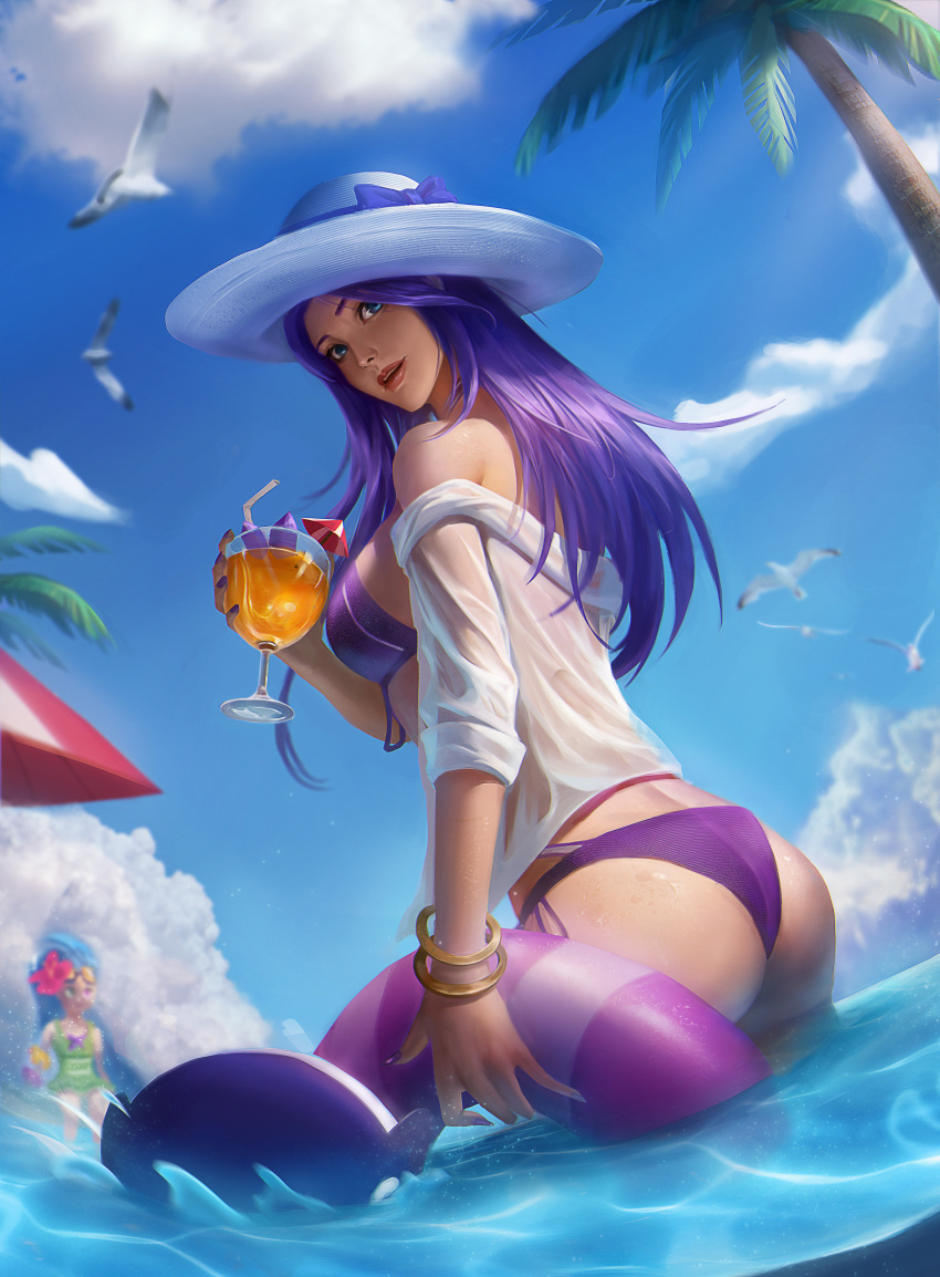 2girls absurdres animal ass bare_shoulders bikini bird bracelet breasts caitlyn_(league_of_legends) cloud cup day drinking_straw from_side highres holding holding_cup holding_swim_ring innertube jewelry large_breasts league_of_legends long_hair looking_at_viewer looking_to_the_side multiple_girls orange919_(zzh) palm_tree pool_party_caitlyn pool_party_zoe purple_bikini purple_hair shirt solo_focus swim_ring swimsuit tree wading water white_headwear white_shirt zoe_(league_of_legends)