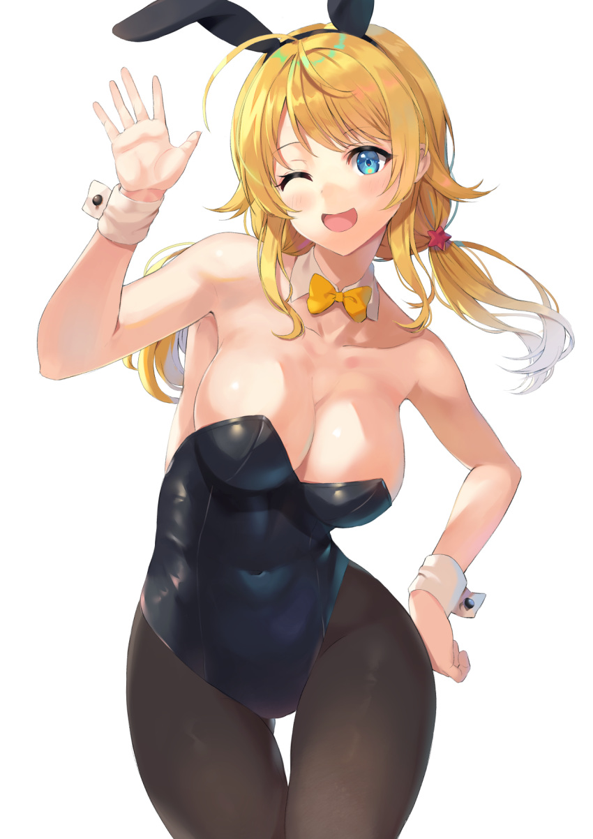 ;d ahoge animal_ears arm_up bare_shoulders black_leotard black_pantyhose blonde_hair blue_eyes blush bow bowtie breasts cleavage collarbone covered_navel cowboy_shot detached_collar female hachimiya_meguru hairband hand_on_own_hip highleg highleg_leotard highres idolmaster idolmaster_shiny_colors large_breasts leotard long_hair looking_at_viewer low_neckline low_twintails one_eye_closed open_mouth pantyhose playboy_bunny rabbit_ears rangen simple_background smile solo strapless strapless_leotard thigh_gap twintails waving white_background wrist_cuffs yellow_bow