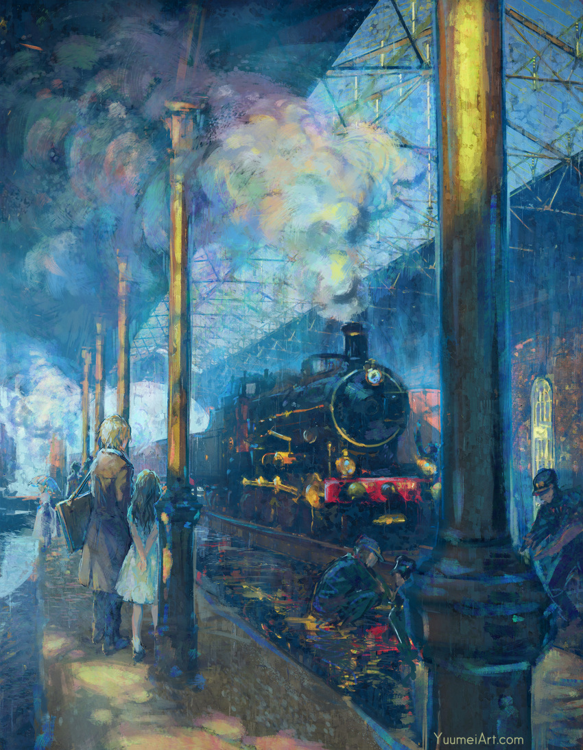 4boys arms_behind_back black_footwear black_hair black_jacket black_pants brown_coat brown_hair claude_monet_(style) coat commentary day dress english_commentary female highres impressionism indoors jacket locomotive long_hair multiple_boys original pants shoes short_sleeves smoke socks standing steam_locomotive train train_station train_station_platform watermark web_address wet_pavement white_dress white_legwear yuumei