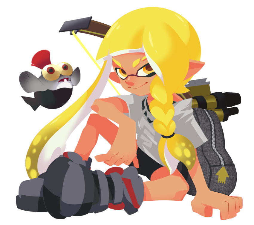 arm_support asymmetrical_hair backpack bag bike_shorts black_footwear blonde_hair blunt_bangs blush bow_(weapon) braid bulging_eyes closed_mouth colored_sclera commentary_request eyebrow_cut female fish flat_chest full_body grey_shirt hair_tie happy highres inkling inkling_girl inkling_player_character isamu-ki_(yuuki) knee_up light_blush long_hair looking_at_viewer nose_blush open_mouth orange_eyes pointy_ears red_eyes red_hair shirt shoes short_hair short_sleeves simple_background single_braid sitting smallfry_(splatoon) smile solo_focus splatoon_(series) splatoon_3 spread_legs suction_cups teeth tentacle tentacle_hair tri-stringer_(splatoon) twintails very_long_hair weapon white_background yellow_sclera zipper zipper_pull_tab