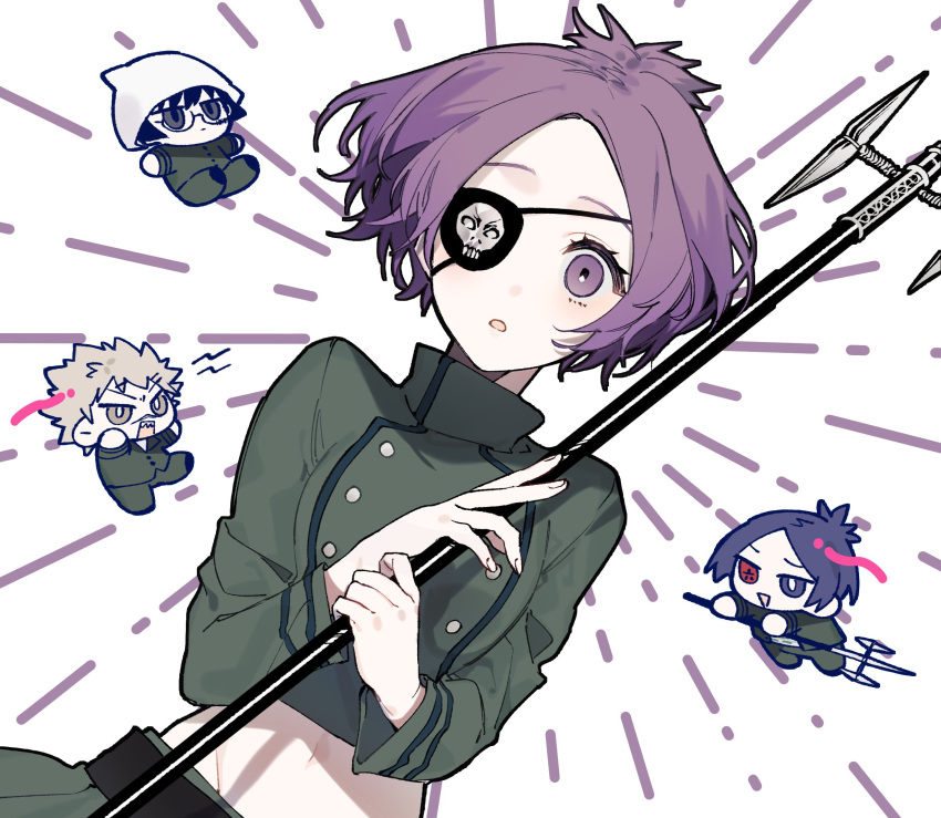 3boys beanie black_eyes buttons chrome_dokuro commentary crop_top cropped_jacket double-breasted dutch_angle eyepatch female glasses green_jacket green_pants green_skirt grey_eyes hat heterochromia highres holding holding_polearm holding_weapon jacket joushima_ken kakimoto_chikusa katekyo_hitman_reborn! light_brown_hair long_sleeves looking_at_viewer midriff multiple_boys naomato navel one_eye_covered pants parted_lips polearm purple_eyes purple_hair rokudou_mukuro short_hair simple_background skirt symbol-only_commentary weapon white_background white_headwear