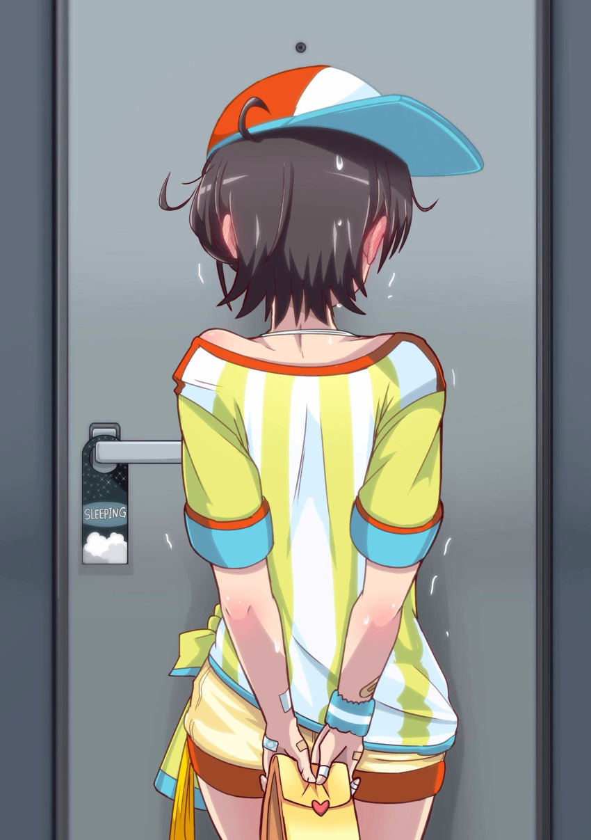 arms_behind_back backwards_hat bag balloon-belun bandaged_fingers bandages bandaid baseball_cap black_hair blush door ear_blush facing_away female from_behind gift_bag hat heart highres holding holding_bag hololive jersey nervous oozora_subaru oozora_subaru_(1st_costume) peephole shirt short_hair short_shorts shorts sign solo standing striped_clothes striped_shirt sweat tied_shirt trembling v_arms vertical-striped_clothes vertical-striped_shirt virtual_youtuber white_shirt white_shorts yellow_shirt yellow_shorts