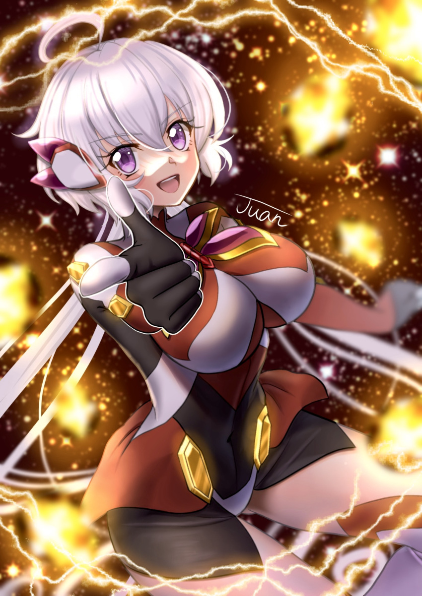 ahoge amalgam_(symphogear) blush bodysuit breasts covered_navel female finger_gun headgear highres juan_0121 large_breasts long_hair looking_at_viewer open_mouth pointing pointing_at_viewer purple_eyes senki_zesshou_symphogear smile solo white_hair yukine_chris