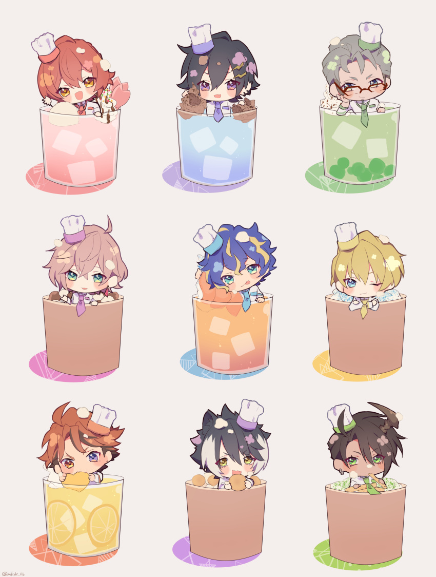 6+boys absurdres animal_ear_fluff animal_ears aragami_oga arurandeisu astel_leda biting black_hair blonde_hair blue_hair blush chef_hat chibi cup drink everyone glasses green_eyes grey_hair hair_behind_ear hanasaki_miyabi hat heterochromia highres holostars horns jackal_ears jinra_(mkzk_116) kageyama_shien kanade_izuru kishido_temma looking_at_viewer looking_to_the_side male_focus mini_person miniboy multicolored_hair multiple_boys one_eye_closed open_mouth orange_eyes orange_hair pink_hair purple_eyes red_hair rikka_(holostars) single_horn smile streaked_hair tongue tongue_out v-shaped_eyebrows virtual_youtuber waving white_hair yukoku_roberu