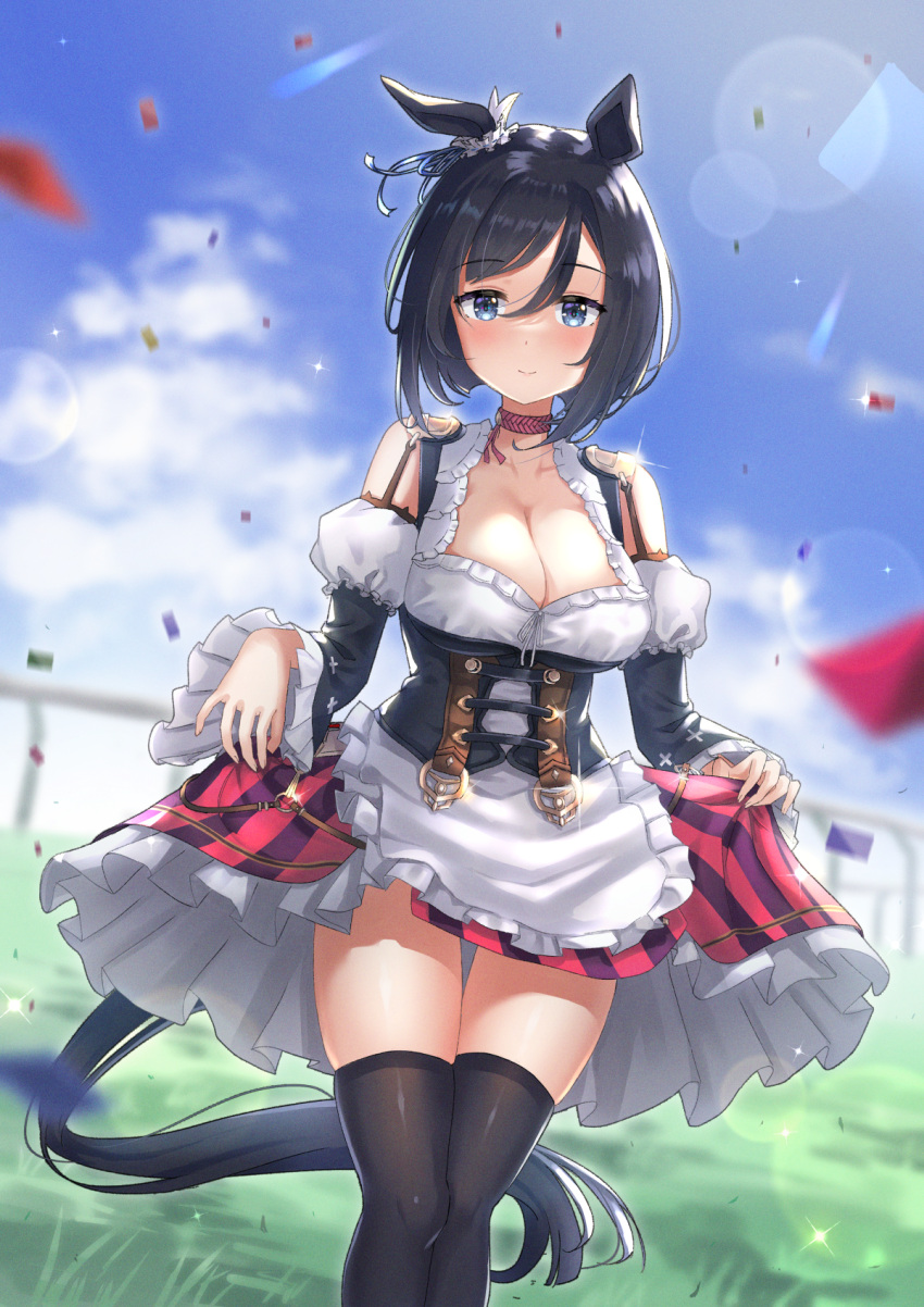 animal_ears black_hair black_sleeves black_thighhighs blouse blue_eyes blush bob_cut breasts choker cleavage closed_mouth clothes_lift collarbone commentary_request cowboy_shot cstv detached_sleeves dirndl ear_scrunchie eishin_flash_(umamusume) female german_clothes hair_between_eyes highres horse_ears horse_girl horse_tail legs_together looking_at_viewer medium_breasts outdoors red_choker red_skirt scrunchie shirt short_hair skindentation skirt skirt_hold skirt_lift smile solo striped_clothes striped_shirt swept_bangs tail thighhighs umamusume vertical-striped_clothes vertical-striped_shirt white_scrunchie white_shirt