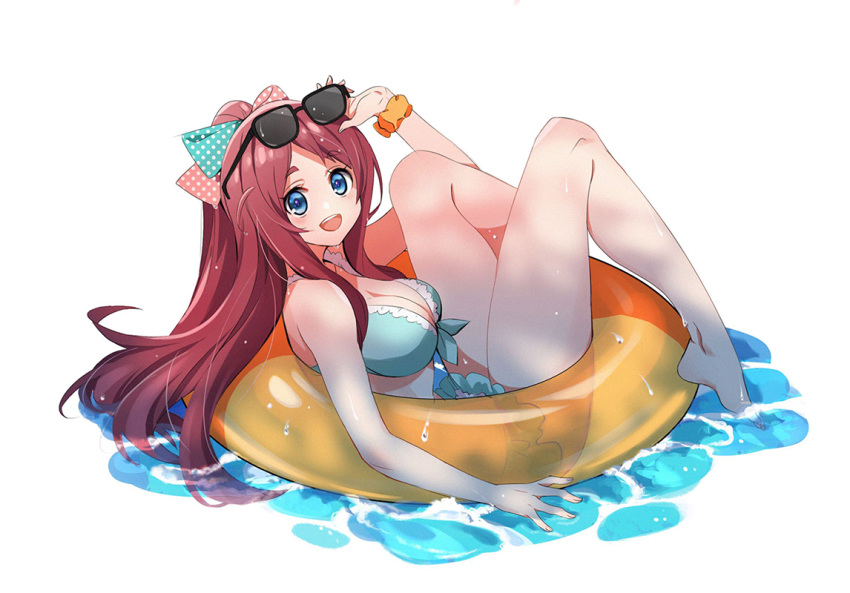 :d alternate_costume bare_shoulders barefoot bikini blue_bikini blue_eyes breasts cleavage commentary da_huang eyewear_on_head female hair_ribbon large_breasts looking_at_viewer minamoto_sakura open_mouth polka_dot polka_dot_ribbon red_hair ribbon smile solo sunglasses swimsuit symbol-only_commentary zombie_land_saga