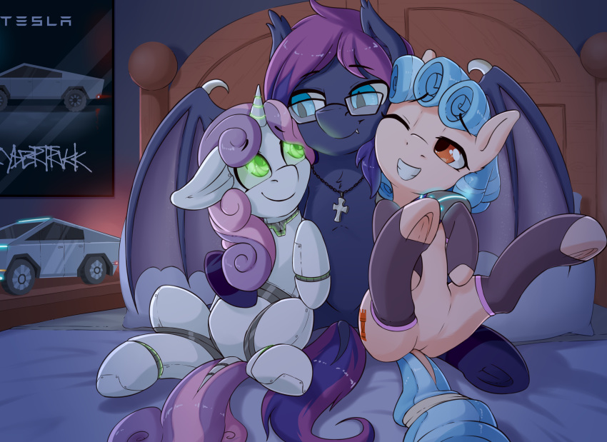 2020 absurd_res bat_pony bed canon_x_oc clothing cozy_glow_(mlp) cutie_mark digital_media_(artwork) dock_(anatomy) earth_pony equid equine eyebrows fan_character fearingfun featureless_crotch female feral friendship_is_magic friendship_is_witchcraft furniture grin group hasbro hi_res hooves horn horse inside legwear machine mammal my_little_pony mythological_creature mythological_equine mythology on_bed one_eye_closed pony robot smile sweetie_belle_(mlp) sweetie_bot_(mlp) tail underhoof unicorn wings