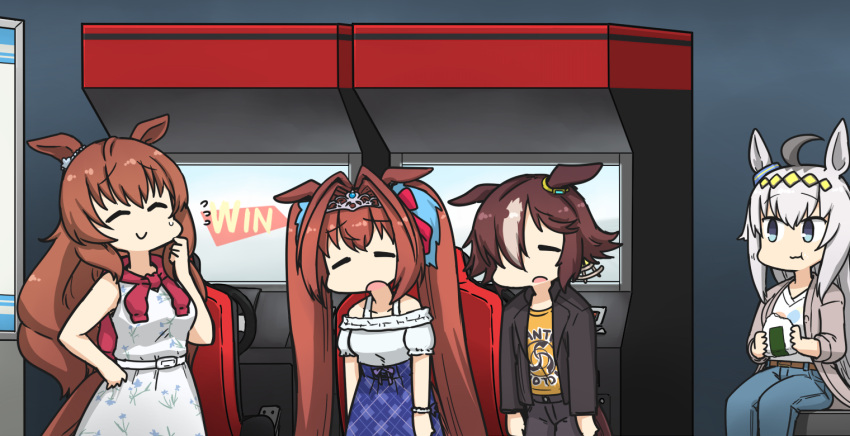 4girls :t =_= ahoge animal_ears arcade arcade_cabinet black_pants black_shirt brown_hair chewing chibi daiwa_scarlet_(umamusume) denim dress flying_sweatdrops food hair_intakes hamu_koutarou horse_ears horse_girl horse_tail indoors jeans long_hair maruzensky_(umamusume) multiple_girls oguri_cap_(umamusume) onigiri open_mouth pants pedal raised_eyebrows scarf shirt short_hair sitting smile steering_wheel sweatdrop tail tiara twintails umamusume vodka_(umamusume) white_dress white_hair