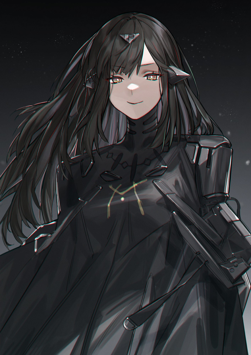 adeline_(girls'_frontline) black_dress black_hair commentary dress female girls'_frontline headgear highres joints long_hair looking_at_viewer mechanical_arms nishiro_ryoujin nyto_(girls'_frontline) paradeus robot_joints smile solo yellow_eyes