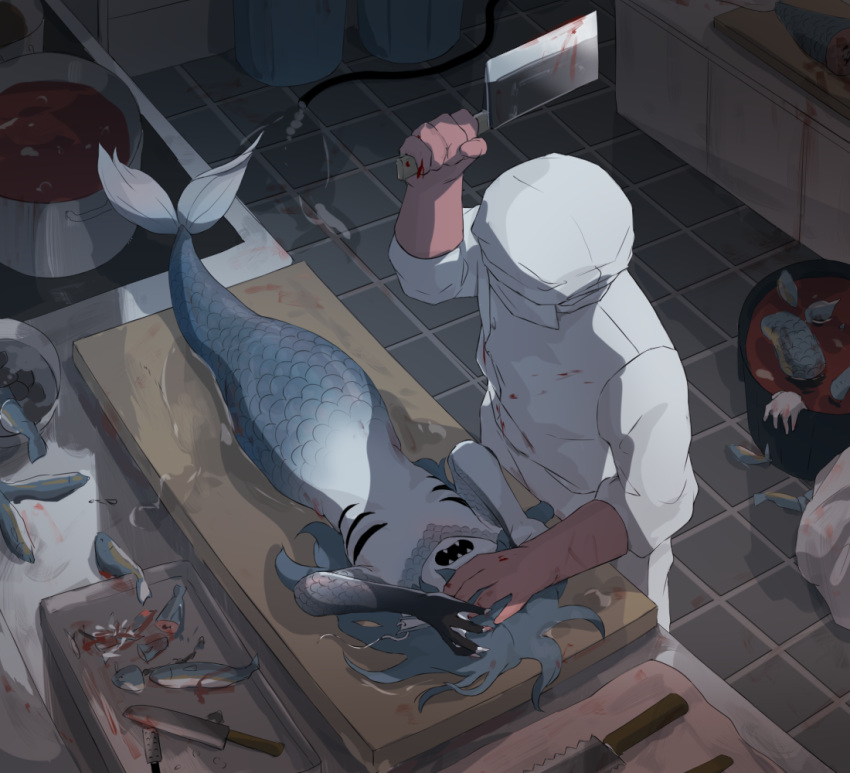 1boy avogado6 blood blood_on_weapon blue_hair blue_skin butcher butchering cleaver coat colored_skin commentary corpse fangs female fish gills gloves gradient_skin guro hand_up kitchen_knife knife mask mermaid monster_girl open_mouth original pink_gloves pot rubber_gloves santoku_knife tile_floor tiles weapon webbed_hands white_coat white_skin