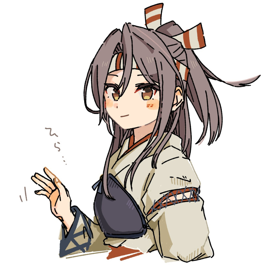 blush_stickers brown_eyes closed_mouth female hachimaki headband high_ponytail highres hinata_hibari japanese_clothes kantai_collection kimono light_brown_hair long_hair long_sleeves looking_at_viewer muneate simple_background solo upper_body white_background white_kimono wide_sleeves zuihou_(kancolle)