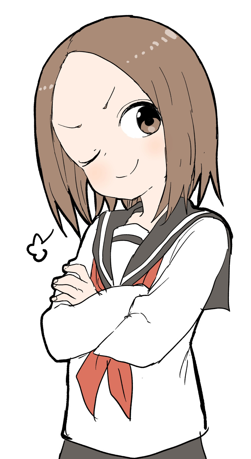 ;) absurdres black_sailor_collar black_skirt blush brown_eyes brown_hair closed_mouth commentary crossed_arms female forehead head_tilt highres karakai_jouzu_no_(moto)_takagi-san karakai_jouzu_no_takagi-san long_sleeves neckerchief nishikata_chii official_art one_eye_closed parted_bangs puff_of_air red_neckerchief sailor_collar school_uniform serafuku shirt short_hair simple_background skirt smile solo v-shaped_eyebrows white_background white_shirt yamamoto_souichirou