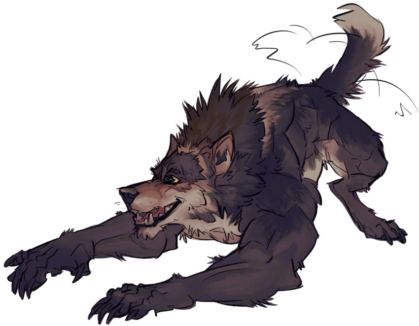 anthro brown_body brown_fur canid canine canis fur hi_res male mammal muscular muscular_anthro muscular_male mythological_canine mythological_creature mythology nmvsolidus open_mouth simple_background solo tail tail_motion tailwag were werecanid werecanine werewolf white_background wolf yellow_eyes