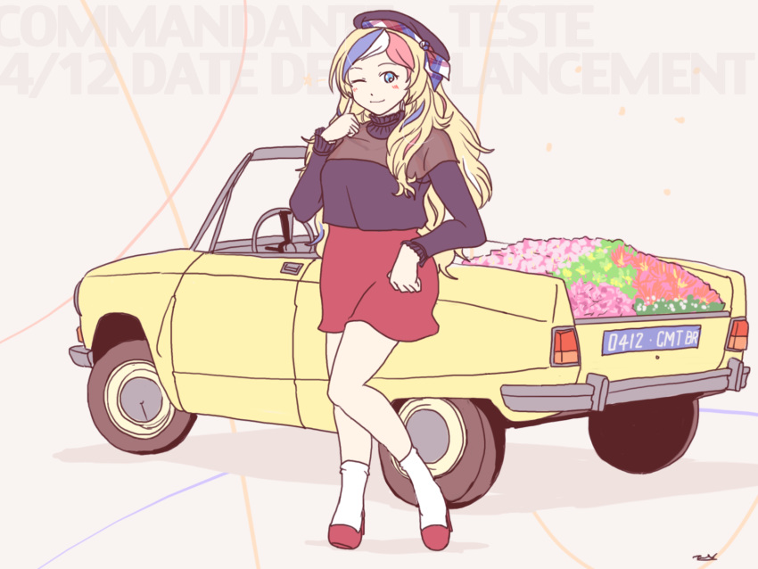 ;) alternate_costume beret black_hat black_sweater blonde_hair car casual commandant_teste_(kancolle) female full_body hair_down hat high_heels highres kantai_collection long_hair looking_at_viewer motor_vehicle multicolored_hair one_eye_closed peugeot red_footwear red_skirt skirt smile socks solo streaked_hair sweater thrux vehicle_focus wavy_hair white_socks