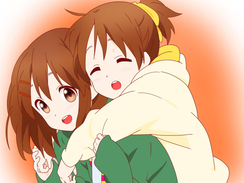 2girls brown_eyes brown_hair closed_eyes commentary green_jacket hair_ornament hair_ribbon hairclip highres hirasawa_ui hirasawa_yui hug hug_from_behind jacket k-on! long_sleeves maou_(ajtdmw369) multiple_girls open_mouth ribbon short_hair short_ponytail smile teeth upper_body upper_teeth_only yellow_jacket yellow_ribbon