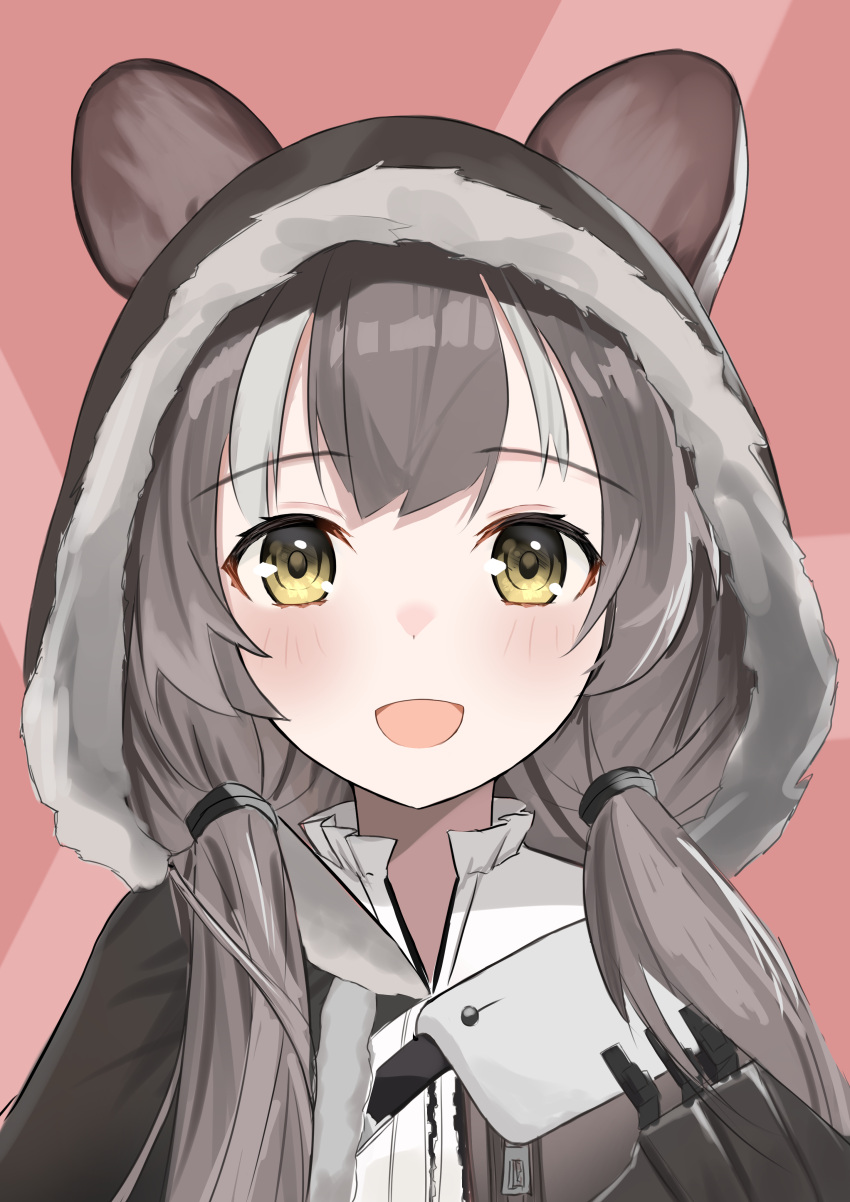 :d absurdres animal_ears animal_hood arknights black_jacket blush brown_hair commentary fake_animal_ears female fur-trimmed_hood fur_trim grey_hair hair_over_shoulder highres honeyberry_(arknights) hood hood_up hooded_jacket jacket keaworks long_hair looking_at_viewer low_twintails smile solo strapless twintails