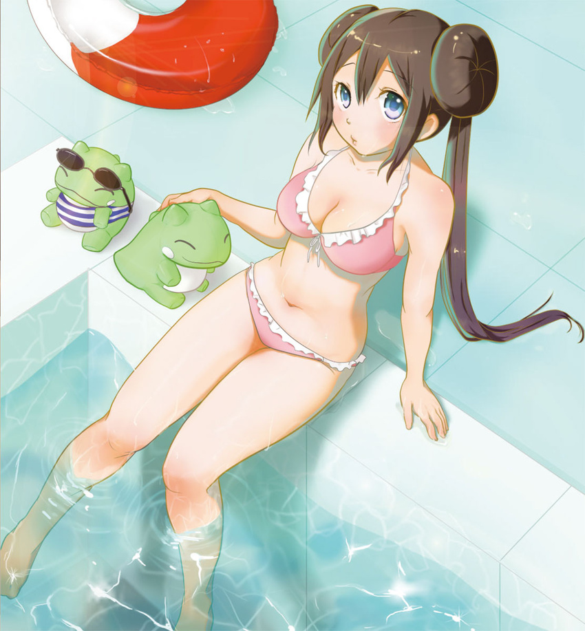 bare_arms bare_legs barefoot bikini blue_eyes blush breasts brown_hair cleavage closed_mouth collarbone double_bun eyewear_on_head female frilled_bikini frills from_above front-tie_bikini_top front-tie_top hair_between_eyes hair_bun highres innertube kama_boro long_hair medium_breasts navel outdoors pink_bikini pokemon pokemon_bw2 poolside pouty_lips ribbon rosa_(pokemon) sitting soaking_feet solo substitute_(pokemon) sunglasses swim_ring swimsuit twintails very_long_hair white_ribbon