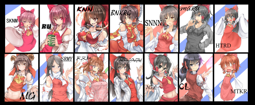 6+girls absurdres apron ascot benikurage_(cookie) between_breasts black_eyes black_hair black_hoodie blank_eyes blunt_bangs blush bow breasts bright_pupils brown_eyes brown_hair brown_skirt cigarette cili_(cookie) claws closed_mouth coat commentary_request cookie_(touhou) cowboy_shot cup curled_horns detached_sleeves dress empty_eyes everyone fire frilled_bow frilled_hair_tubes frilled_shirt_collar frills full_body grater grin hair_between_eyes hair_tubes hairbow hakurei_reimu hand_in_pocket highres holding holding_cup hood hoodie horns hotaruda_(cookie) hyper_muteki_(ningen_no_kuzu) kanna_(cookie) lab_coat large_breasts long_hair looking_at_viewer maru_(cookie) matekora_(cookie) medium_breasts medium_hair midriff mini_person minigirl mittens mugi_(cookie) multiple_girls navel necktie necktie_between_breasts noel_(cookie) open_mouth orange_scarf parted_bangs pink_apron ponytail red_bow red_dress red_eyes red_mittens red_shirt red_skirt red_sweater_vest reu_(cookie) ribbon-trimmed_sleeves ribbon_trim rurima_(cookie) sakenomi_(cookie) sananana_(cookie) sarashi scarf shinonome_(cookie) shiromiya_rei shirt short_hair sidelocks skirt skirt_set sleeve_bow sleeveless sleeveless_shirt sleeves_past_fingers sleeves_past_wrists small_breasts smile smoking striped_clothes striped_scarf sweater_vest swept_bangs touhou upper_body white_coat white_pupils white_scarf white_sleeves yellow_ascot yellow_necktie yellow_scarf yunomi