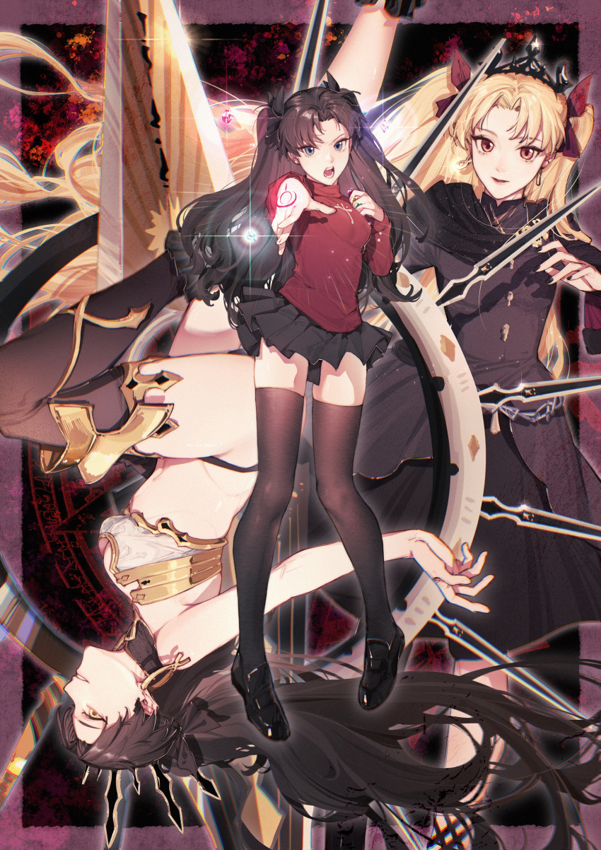 3girls absurdres asymmetrical_legwear black_dress black_footwear black_hair black_nails black_panties black_ribbon black_skirt black_thighhighs blonde_hair blue_eyes bra breasts chinese_commentary command_spell commentary crown detached_collar dress earrings ereshkigal_(fate) ereshkigal_(third_ascension)_(fate) fate/grand_order fate/stay_night fate_(series) floating floating_hair full_body gem glint hair_ribbon hand_on_own_chest hands_up heavenly_boat_maanna highres holding holding_weapon hood hood_down hooded_jacket hoop_earrings infinity_symbol ishtar_(fate) jacket jewelry lips loafers long_hair long_sleeves looking_at_viewer medium_breasts meslamtaea_(weapon) miniskirt multiple_girls multiple_persona nail_polish navel on_head open_mouth outstretched_arm outstretched_hand panties parted_bangs pigeon-toed pink_lips pleated_skirt profile qiuyun62303677 red_eyes red_ribbon red_sweater revealing_clothes ribbon shoes siblings sisters skirt sleeveless smile stomach strapless strapless_bra sweater teeth thighhighs thighs tiara tohsaka_rin turtleneck turtleneck_sweater two_side_up underwear uneven_legwear very_long_hair weapon white_bra wings yellow_eyes zettai_ryouiki