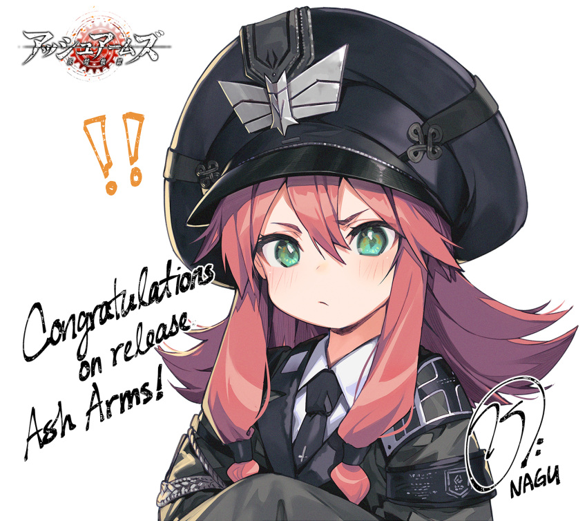 ! !! artist_name ash_arms black_hat black_necktie collared_shirt copyright_name english_text female green_eyes hair_between_eyes hat highres long_hair looking_at_viewer maus_(ash_arms) nagu necktie pink_hair shirt solo upper_body white_background white_shirt