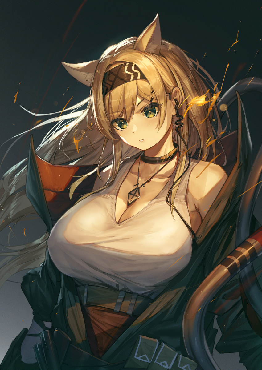 absurdres animal_ears arknights blonde_hair breasts cleavage earpiece extra_ears female gradient_background green_eyes hairband highres horn_(arknights) huge_breasts jacket jewelry mazel_(mazel_star) pendant pouch sparks tank_top wolf_ears