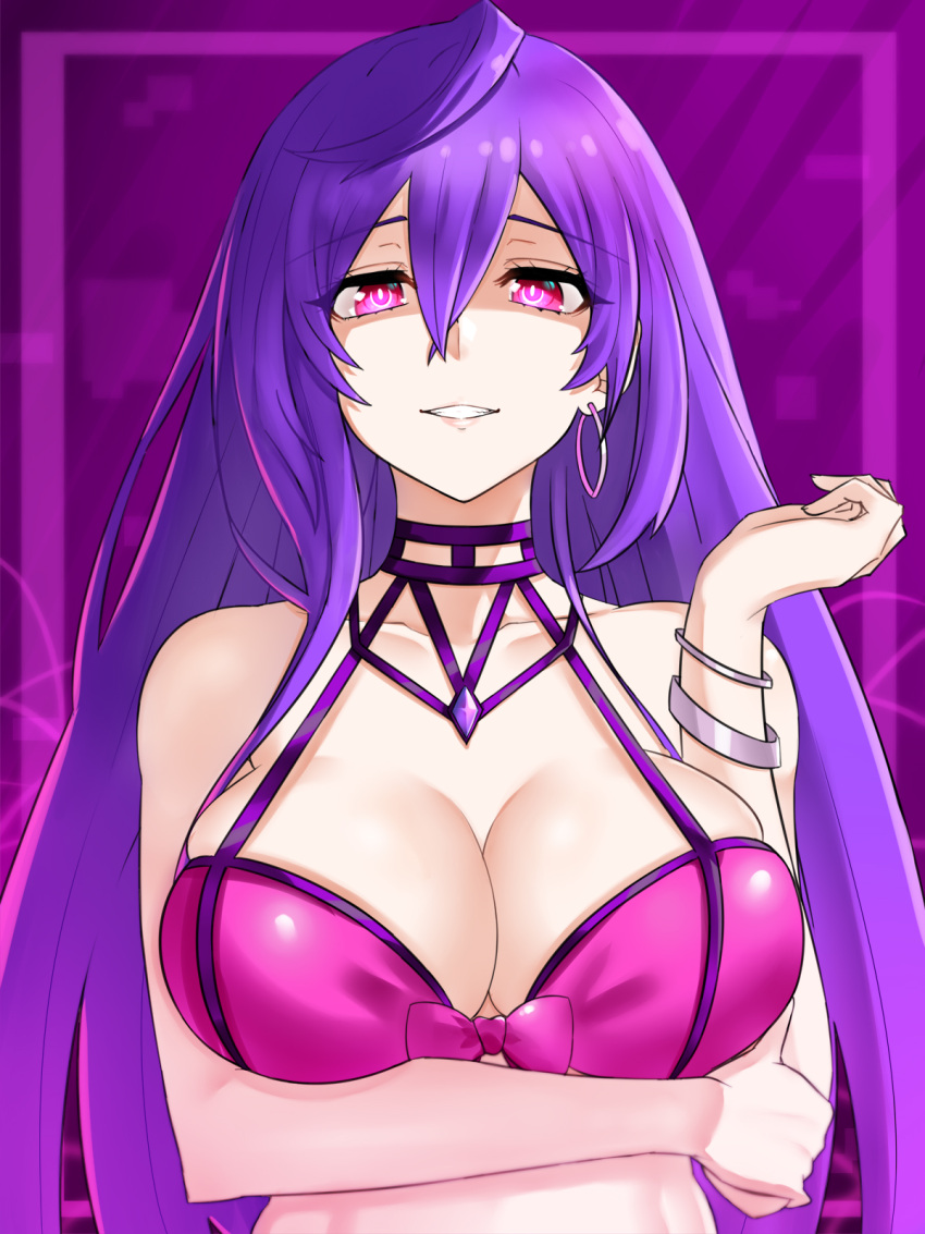 arm_under_breasts bikini blush bracelet breasts commentary earrings english_commentary female gloves hair_between_eyes highres iris_heart jewelry kami_jigen_game_neptune_v large_breasts long_hair looking_at_viewer neptune_(series) open_mouth paid_reward_available pink_eyes power_symbol power_symbol-shaped_pupils purple_hair single_earring solo straight-on swimsuit symbol-shaped_pupils upper_body zatsu