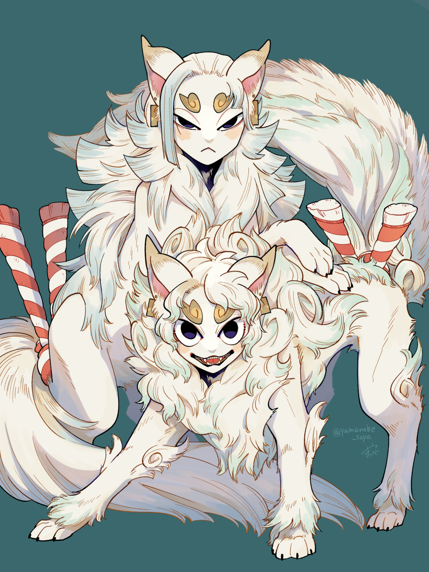 2others animal_focus blue_background claws earrings fangs fluffy full_body fur_collar growling highres human_head jewelry komainu kouhaku_nawa looking_at_viewer multiple_others original purple_eyes rope shimenawa signature tail tail_ornament twitter_username white_fur yamanobe_saya