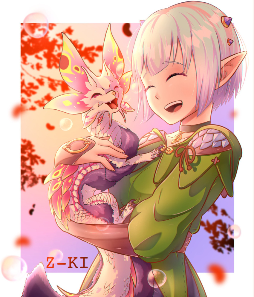 commentary dragon eastern_dragon ena_(monster_hunter) female fewer_digits green_vest highres long_tail mizutsune monster_hunter_(series) monster_hunter_stories_2 open_mouth pointy_ears short_hair tail vest white_hair z-ki