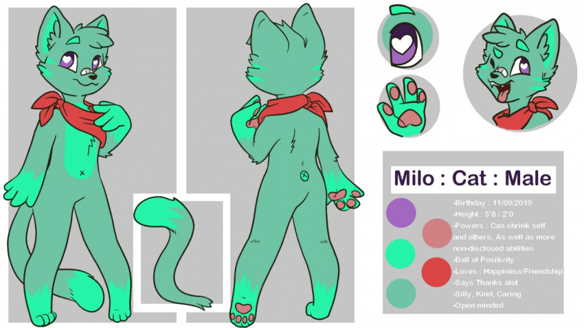 16:9 2020 anthro color_swatch digital_drawing_(artwork) digital_media_(artwork) domestic_cat english_text feet felid feline felis full-length_portrait fur green_body heart_eyes heart_symbol kerchief lammyg looking_at_viewer male mammal milo_cat_(battlesquadchamp) model_sheet navel one_eye_closed open_mouth pawpads paws portrait simple_background smile solo text tongue tongue_out widescreen wink