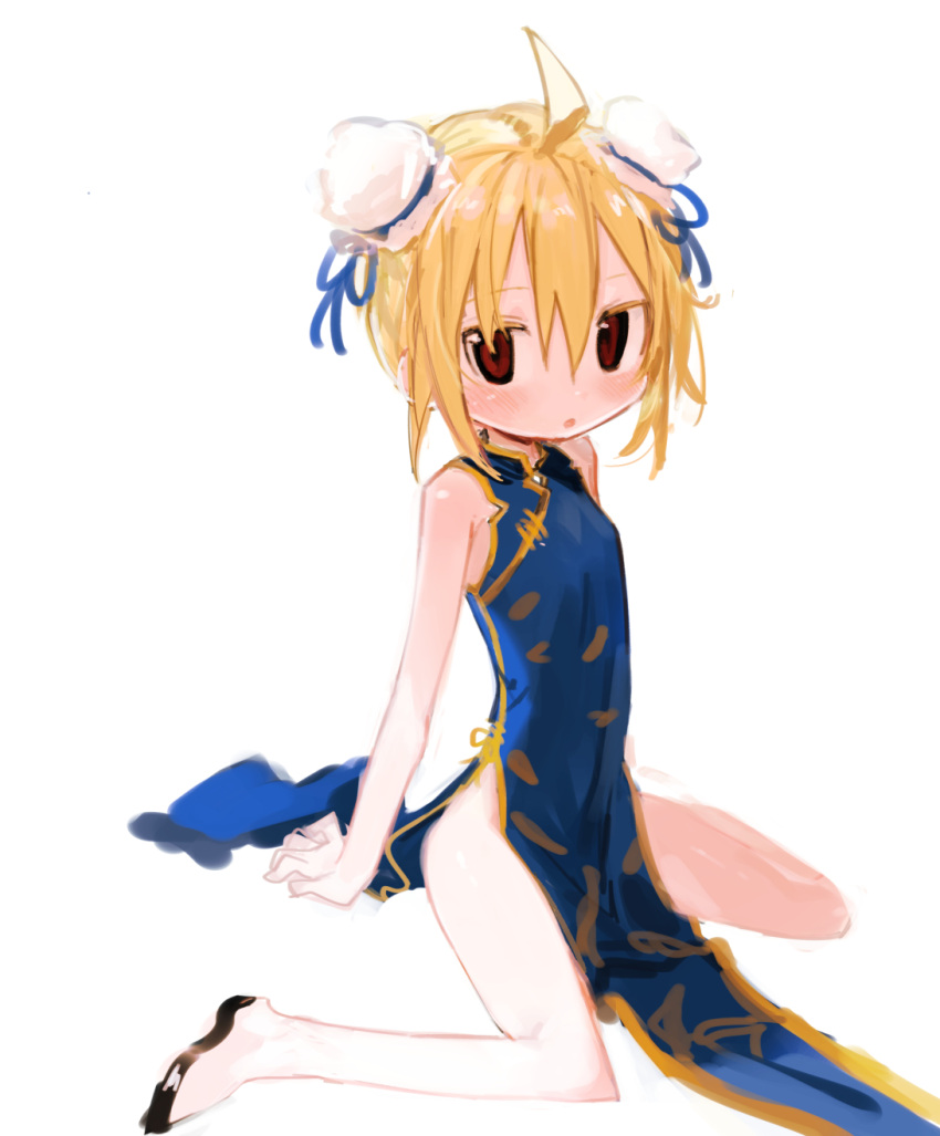 :o ahoge alternate_costume arm_support bare_shoulders black_eyes blonde_hair blue_dress blush breasts bun_cover china_dress chinese_clothes commentary_request double_bun dress female flats hair_bun highres kokaki_mumose looking_at_viewer mandarin_collar multicolored_eyes no_panties null-meta open_mouth pelvic_curtain red_eyes short_hair simple_background sitting sleeveless sleeveless_dress small_breasts solo uozumi_kurumi wariza white_background