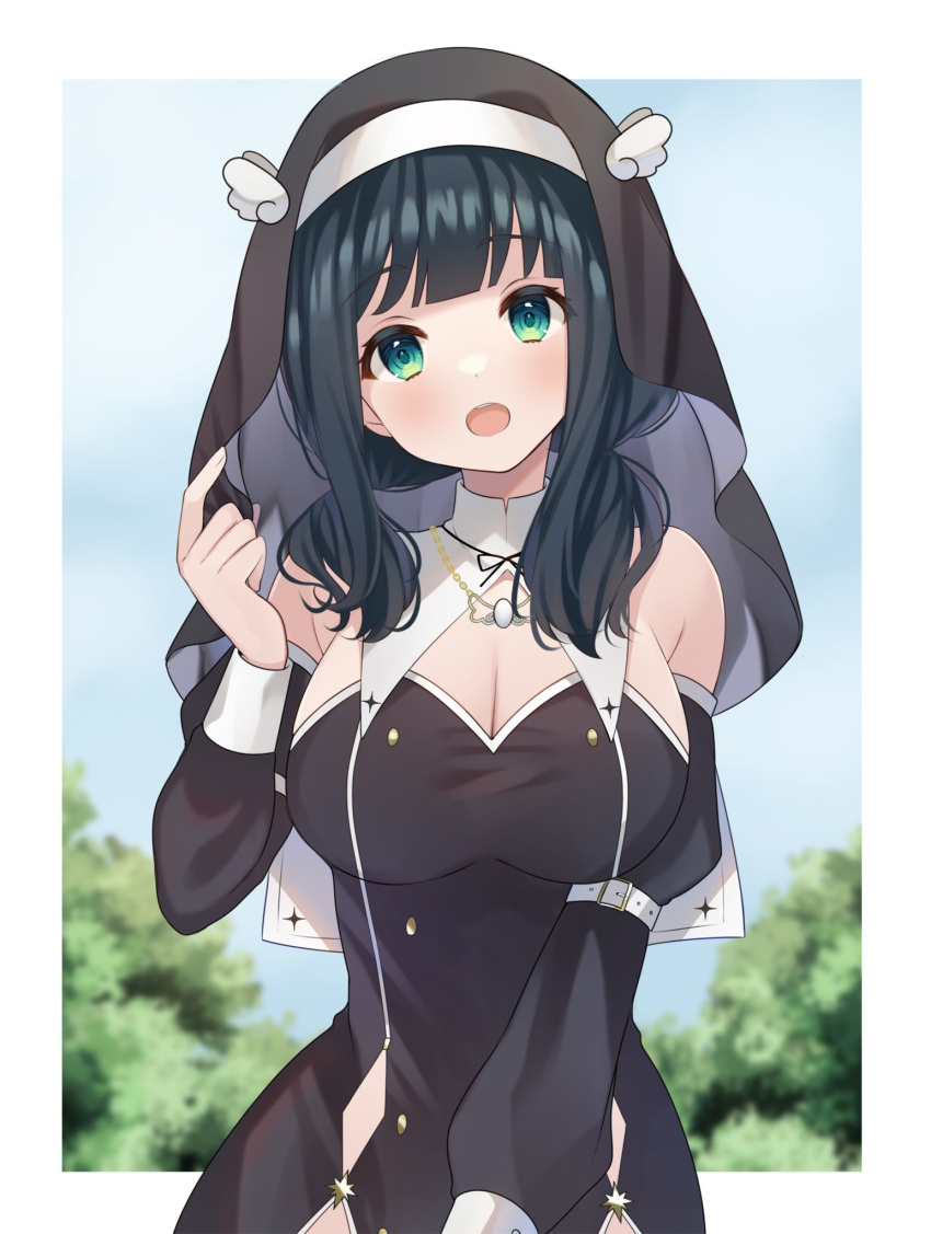 amano_nene_(vtuber) amano_nene_(vtuber)_(2nd_costume) bare_shoulders blue_hair blush breasts cleavage detached_sleeves female green_eyes habit highres ichinose_(sorario) large_breasts long_hair long_sleeves looking_at_viewer low_twintails nun official_alternate_costume production_kawaii solo twintails virtual_youtuber