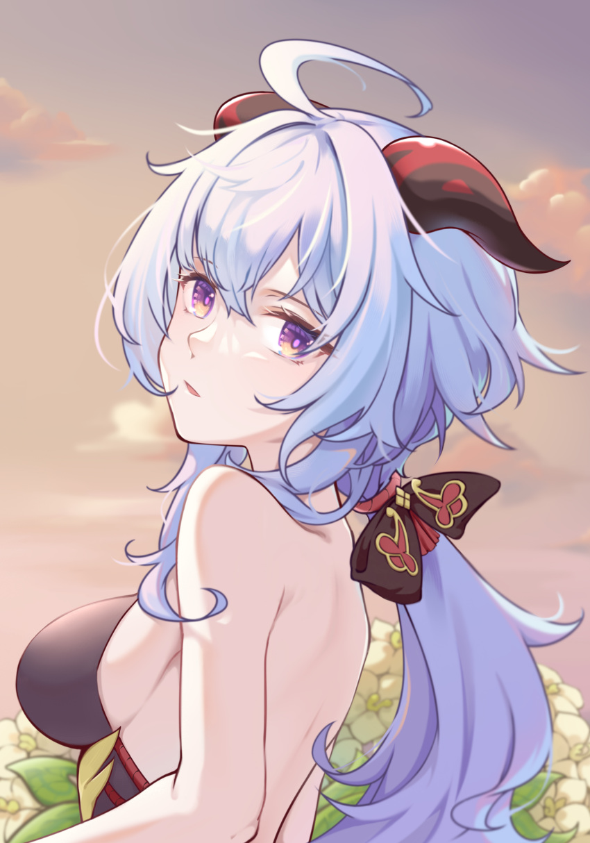 absurdres ahoge back backless_outfit bare_arms blue_hair bow breasts chan_sang female flower from_side ganyu_(genshin_impact) genshin_impact highres horns long_hair looking_at_viewer looking_back low_ponytail medium_breasts parted_lips purple_eyes qingxin_flower sideboob sidelocks sleeveless solo upper_body white_flower