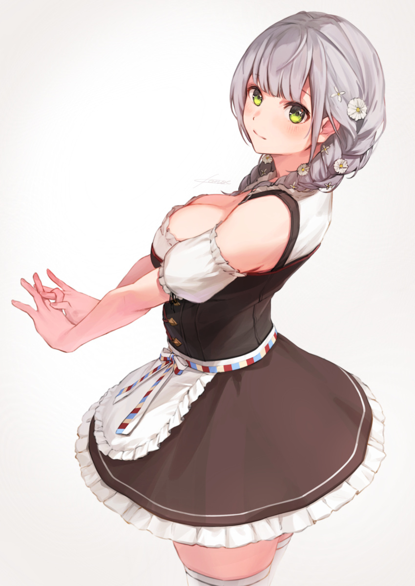 absurdres apron blush braid breasts brown_dress closed_mouth commentary cowboy_shot detached_sleeves dirndl dress female flower frilled_apron frilled_dress frilled_shirt frilled_sleeves frills from_side german_clothes green_eyes grey_hair hair_flower hair_ornament hair_over_shoulder highres hololive kanoe_(tatsukanoe) large_breasts long_hair looking_at_viewer official_alternate_costume official_alternate_hair_length official_alternate_hairstyle shirogane_noel shirogane_noel_(dirndl) shirt short_sleeves signature simple_background solo standing thighhighs twin_braids virtual_youtuber white_apron white_background white_flower white_thighhighs