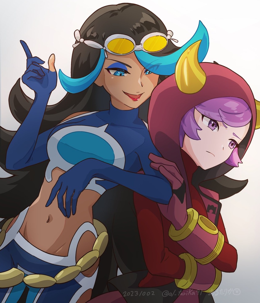 2girls arutarika_(ri_kaoekaki) bare_shoulders big_hair blue_eyes blue_hair bodysuit courtney_(pokemon) crop_top dark-skinned_female dark_skin diving_suit fake_horns gloved_sleeves goggles goggles_on_head height_difference highres hood hood_up hooded_vest hoodie horned_headwear horned_hood horns leaning_on_person long_hair midriff multicolored_hair multiple_girls navel pokemon pokemon_oras purple_eyes purple_hair red_lips red_sweater shelly_(pokemon) short_hair simple_background sweater team_aqua team_aqua_uniform team_magma team_magma_uniform two-tone_hair vest wetsuit white_background