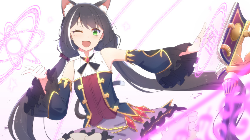 ;d animal_ear_fluff animal_ears bare_shoulders black_hair book cat_ears cat_girl cat_tail cuon_(kuon) detached_sleeves dress female finger_gun frilled_dress frilled_sleeves frills green_eyes hand_up high_collar highres karyl_(princess_connect!) long_hair long_sleeves looking_at_viewer low_twintails magic_circle multicolored_hair oerba_yun_fang one_eye_closed open_book open_mouth outstretched_arm princess_connect! skin_fang sleeveless sleeveless_dress smile solo streaked_hair tail twintails white_hair wide_sleeves