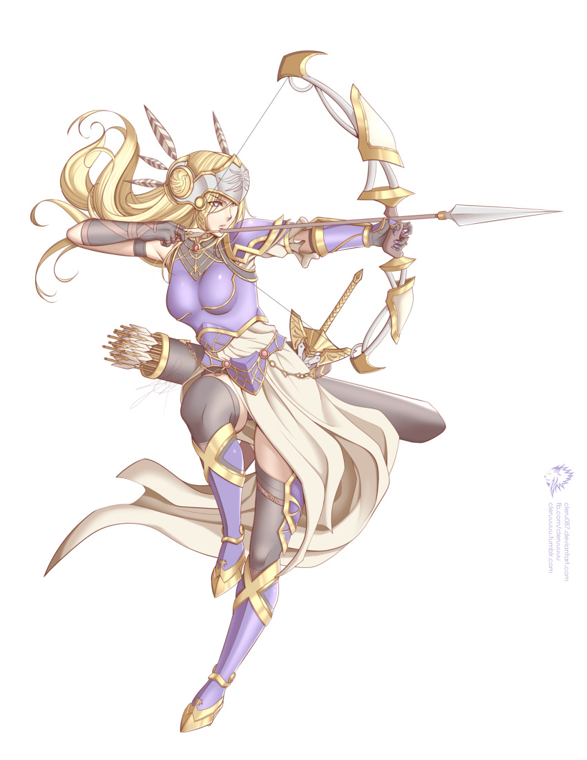 aiming armor armored_boots armored_dress arrow_(projectile) blonde_hair boots bow_(weapon) cleru_(cleruuuuu) feathers female gem gloves gold_trim helmet highres purple_armor silmeria_valkyrie valkyrie valkyrie_profile_(series) weapon winged_helmet