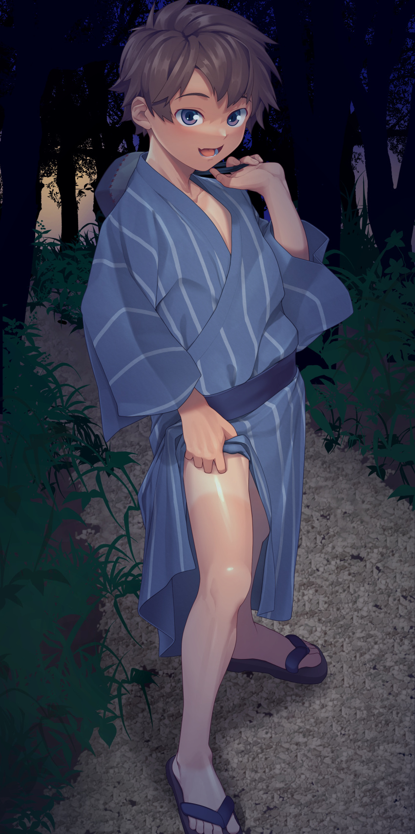 1boy :d absurdres bag bare_legs blue_kimono brown_hair carrying_bag carrying_over_shoulder clothes_lift collarbone commentary_request dark feet forest fuwatoro_(i7mnoehere) hand_up highres japanese_clothes kimono kimono_lift legs_apart legwear_tan lifting_own_clothes long_sleeves looking_at_viewer male_focus nature night no_male_underwear obi oerba_yun_fang open_mouth original outdoors parted_bangs pectoral_cleavage pectorals purple_eyes sandals sash shiny_skin shirt_tan short_hair shorts_tan skin_fang smile solo standing striped_clothes striped_kimono tan tanlines tree vegetation vertical-striped_clothes vertical-striped_kimono wide_sleeves yukata yukata_lift zouri