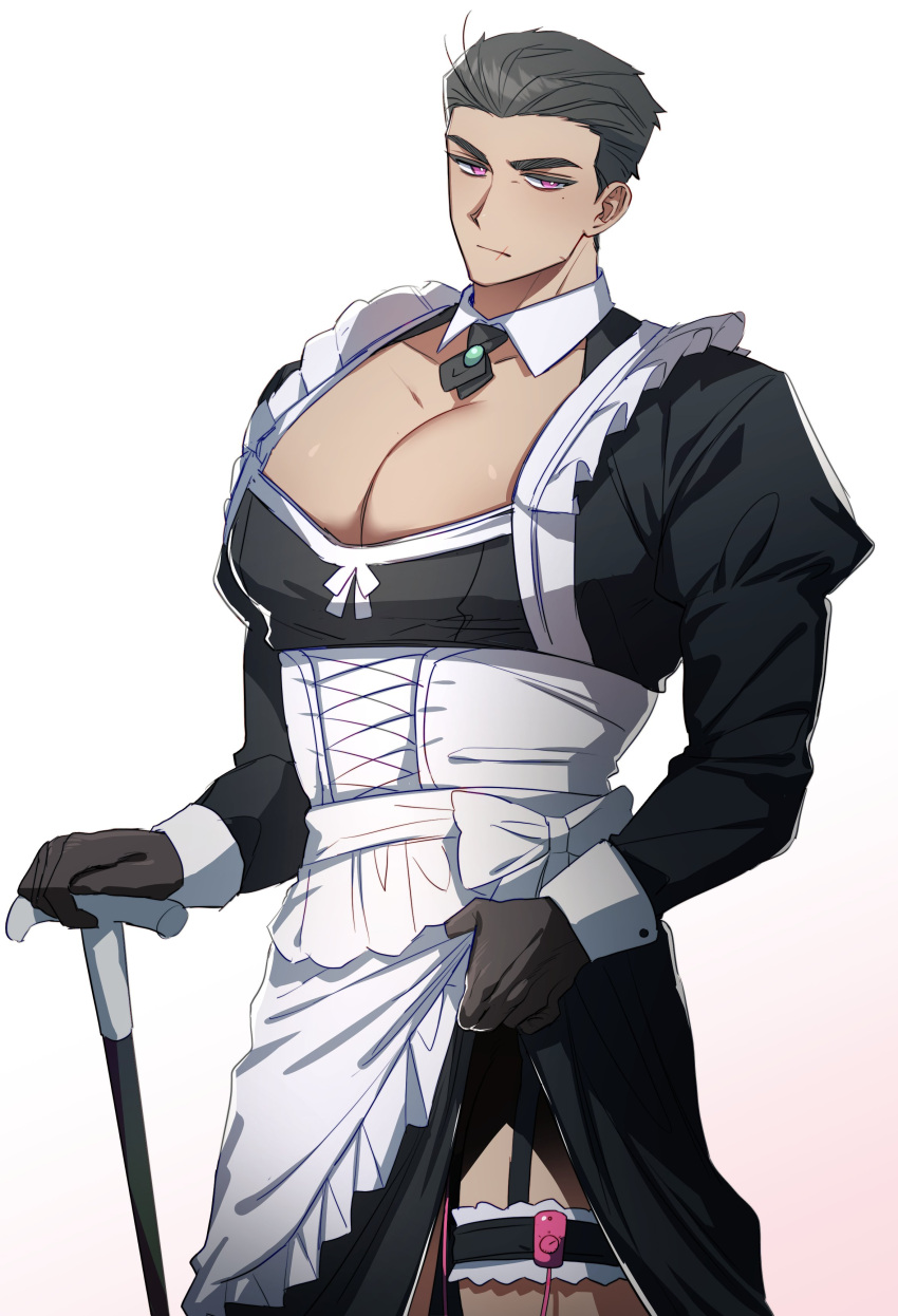 1boy absurdres apron bad_id bad_twitter_id bara black_dress cane clothes_lift crossdressing dress expressionless flashing frilled_apron frills gonggye_hs grey_hair highres holding holding_cane huge_pectorals lifting_own_clothes looking_at_viewer maid maid_apron male_focus muscular muscular_male original pectoral_cleavage pectorals scar scar_on_face scar_on_mouth short_hair sideburns skirt skirt_lift solo thick_eyebrows vibrator_in_thigh_strap white_apron wrist_cuffs