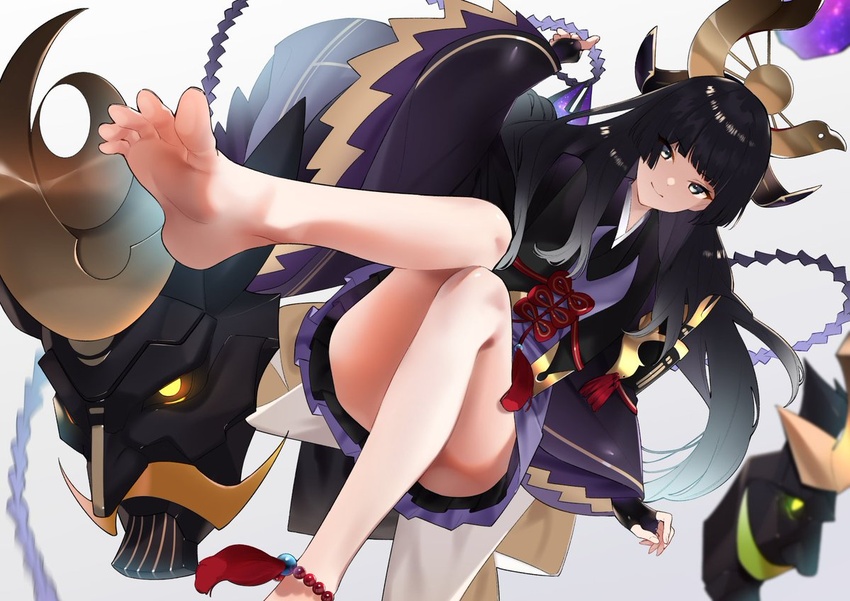 anklet bare_legs barefoot bead_anklet black_gloves black_hair blunt_bangs closed_mouth commentary_request dress feet female fingerless_gloves floating floating_object foot_focus foot_out_of_frame gloves grey_eyes hair_ornament japanese_clothes jewelry long_hair looking_at_viewer mask menreiki onmyoji purple_dress simple_background sino42 smile soles solo straight_hair toes white_background wide_sleeves