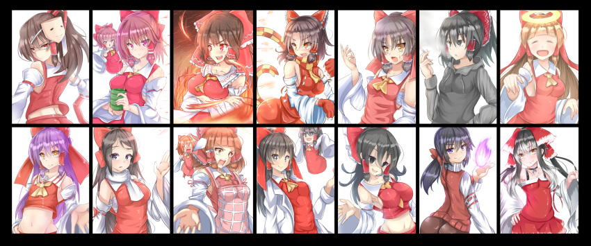 1boy 6+girls 833_(cookie) apron ascot benikurage_(cookie) between_breasts black_eyes black_hair black_hoodie blank_eyes blunt_bangs blush bow breasts bright_pupils brown_eyes brown_hair brown_skirt cigarette cili_(cookie) claws closed_eyes closed_mouth coat commentary_request cookie_(touhou) cowboy_shot cup detached_sleeves dress empty_eyes everyone fire frilled_bow frilled_hair_tubes frilled_shirt_collar frills full_body gradient_hair grater grin hair_between_eyes hair_tubes hairbow hakurei_reimu halo hand_in_pocket hand_on_own_hip highres holding holding_cup hood hoodie hotaruda_(cookie) hyper_muteki_(ningen_no_kuzu) kanna_(cookie) lab_coat large_breasts long_hair looking_at_viewer maru_(cookie) mask mask_on_head matekora_(cookie) medium_breasts medium_hair midriff mini_person minigirl mittens mugi_(cookie) multicolored_hair multiple_girls navel necktie necktie_between_breasts noel_(cookie) open_mouth orange_scarf otoko_no_ko parted_bangs pink_apron ponytail purple_hair red_bow red_dress red_eyes red_mittens red_shirt red_skirt red_sweater_vest redrawn reu_(cookie) ribbon-trimmed_sleeves ribbon_trim rurima_(cookie) sakenomi_(cookie) sananana_(cookie) sarashi scarf shinonome_(cookie) shiromiya_rei shirt short_hair sidelocks skirt skirt_set sleeve_bow sleeveless sleeveless_shirt sleeves_past_fingers sleeves_past_wrists small_breasts smile smoking striped_clothes striped_scarf sweater_vest swept_bangs touhou upper_body very_long_hair white_coat white_hair white_pupils white_scarf white_sleeves yamasaka_aimi yellow_ascot yellow_necktie yellow_scarf yunomi yuyusu_(cookie)