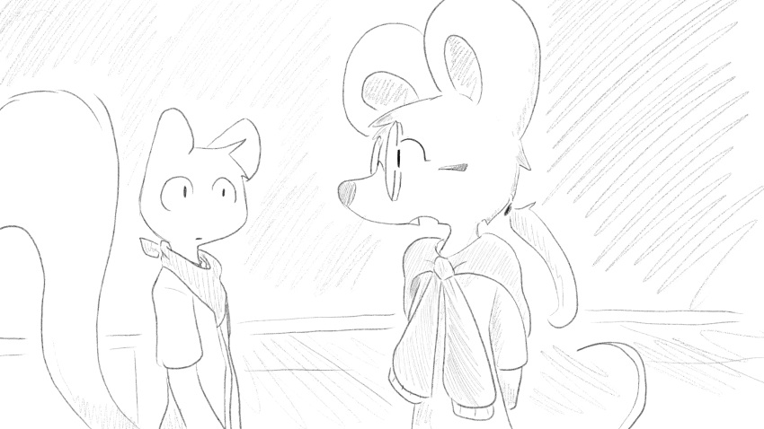 16:9 accessory animal_crossing anthro bandana clothed clothing dialogue_in_description dragonweirdo duo eyewear female fluffy fluffy_tail glasses greyscale hair hair_accessory hairband hi_res kerchief looking_at_another male mammal marshal_(animal_crossing) monochrome mouse murid murine neckerchief nintendo petri_(animal_crossing) ponytail rodent sciurid shirt simple_background sweater sweater_around_neck tail teeth topwear tree_squirrel wearing_glasses widescreen