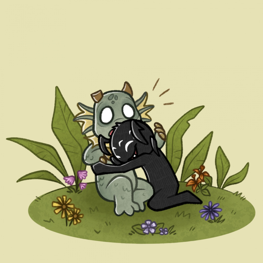 2023 2_horns 3_toes 4_fingers 6_legs 8_eyes 8_limbs anthro arachnid arthropod black_body black_fur broken_horn brown_horn closed_eyes colored don't_starve duo ear_fins fangs featureless_crotch featureless_feet feet female fin fingers flower fur grass green_body green_fingers green_scales happy hi_res horn hug klei_entertainment kneeling leaf male male/female merm multi_eye multi_leg multi_limb nude open_mouth orange_flower pink_flower plant purple_flower scales shaded sharkddless sharp_teeth simple_background simple_eyes sitting sitting_on_ground smile spider surprise surprise_hug surprised_expression tan_background teeth toes webber white_flower wurt yellow_flower