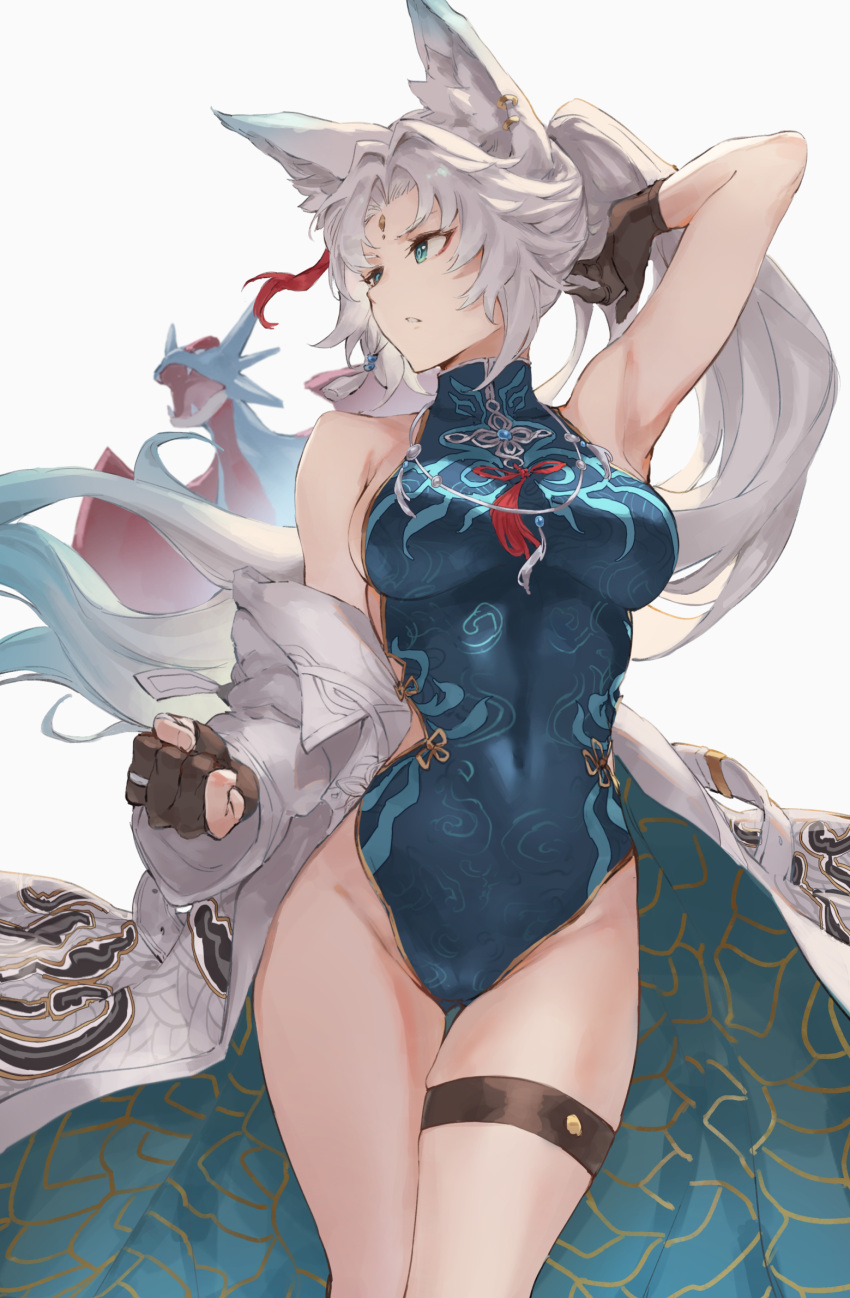 adjusting_hair animal_ears aqua_eyes armpits bare_shoulders breasts china_dress chinese_clothes clenched_hand clothing_cutout covered_navel dress earrings feixiao_(honkai:_star_rail) female fox_ears gloves hair_flip highres honkai:_star_rail honkai_(series) jacket jewelry jojobirdz long_hair looking_to_the_side medium_breasts necklace parted_lips partially_fingerless_gloves pokemon ponytail salamence side_cutout skindentation solo thigh_gap thigh_strap very_long_hair white_background white_hair