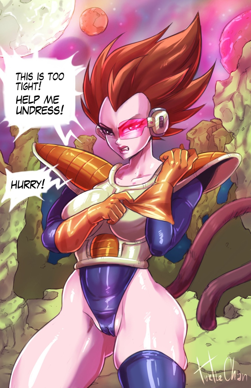 1girls armor artist_name artist_signature brown_eyes brown_hair cameltoe collarbone dragon_ball dragon_ball_z female female_focus female_only female_vegeta gloves highres lipstick looking_at_viewer outdoors pussy red-tinted_eyewear rule_63 saiyan saiyan_tail scouter space speech_bubble tail thick_thighs thighs tinted_eyewear turtlechan vegeta